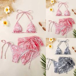 Women's Swimwear Women Sexy Micro Bikinis Sets 3 Piece Ink Wash Tie Dye Swimsuit 2 Set Sunscreen Smock Halter Neck Lace Up