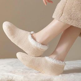 Women Socks 1 Pair Floor Shoes Solid Color Thick Plush Lining Non-slip Warm Soft Winter Thermal Girls Indoor Home Slipper