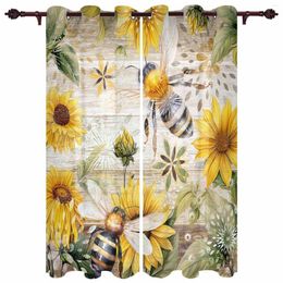 Curtain Vintage Rural Wood Grain Plants Sunflowers Bees Outdoor For Garden Patio Drapes Bedroom Living Room Window