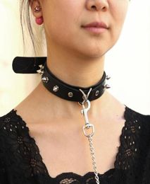 Chokers Sexy Rivet PU Leather Collar Lead Chain Towing Rope Bell Choker Slave Costume BDSM Bondage Necklace Neckband Sex Punk Goth2133894