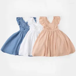 Girl Dresses 2024 Summer Children's Dress Cotton Sling Button Wooden Ear Edge Tank Top Cute Princess