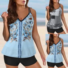 Women's Swimwear Women Vintage Print Strappy Back Tankini Set Two Piece Swimdress Panty Bathing 2024 Swimsuit Woman