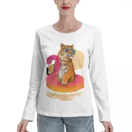 Women's Polos Chillin Flamingo Tiger Long Sleeve T-Shirts Funny T Shirt Black Shirts Women Clothing