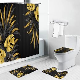 Shower Curtains Tropical Leaves Black Non-Slip Rugs Bath Mat Green Leaf Flowers Bathroom Decor Screen Toilet Luxury Carpet Set