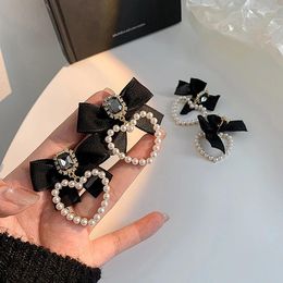 Stud Earrings Sweet Jewellery Black Bowknot Crystal Pearl Heart-shaped Princess Drop For Women Girl Love Ribbon