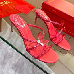 Summer Slippers rhinestone Strass stiletto slippers Rene Caovilla Cleo 8.0cm evening shoes women's high heels ankle luxury designer factory leisure flower women's