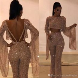 Sparkly Sequins Two Piece Evening Dresses Jumpsuit Designer Backless Long Sleeves Floor Length Prom Gown Formal Wear 2022 Plus Size Cus 276J