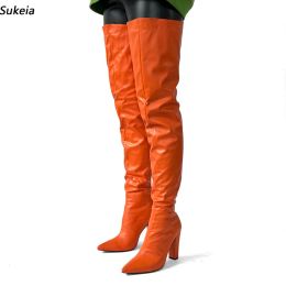 Sukeia Handmade Women Winter Thigh Boots Back Zipper Sexy Chunky Heels Pointed Toe Orange Party Shoes Ladies US Size 5-15