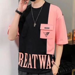 Fashion ONeck Pockets Fake Two Pieces Letter TShirts Mens Clothing 2024 Spring Summer Loose Korean Tops Casual Tee Shirt 240507