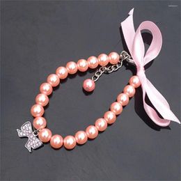 Dog Collars Rhinestone Pet Necklace Cute Imitation Pearl Bowknot Cat Neck Chain Solid Colour Accessories