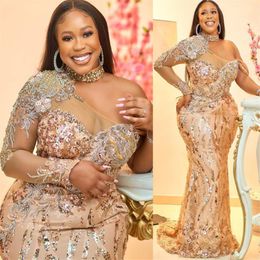 Aso Ebi 2021 Arabic Plus Size Gold Mermaid Sparkly Evening Dresses Beaded Lace Sexy Prom Formal Party Second Reception Gowns ZJ326 245i