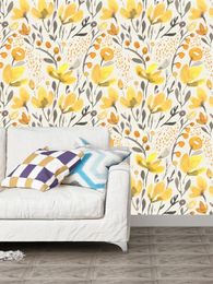 Wallpapers Paste Hand-painted Watercolor Seamless Yellow Fresh Flowers Cottonwood Living Room Home Decoration Self-adhesive Wallpaper