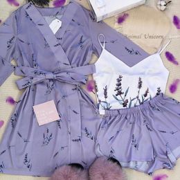 Home Clothing Robe Pyjamas Set 3pcs Women Satin Silk Night Sleepwear Gown Lavender Print Pijamas V-neck Homewear Clothes Loungewear