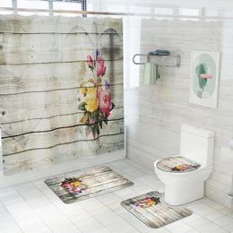 Bath Mats Mat And Shower Curtain Set 4pcs Striped Floral Printed Bathtub Anti Slip Toilet Rugs Absorbent Water Carpets