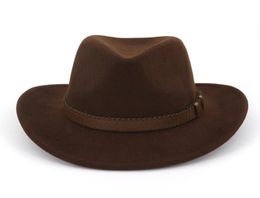 Wide Brim Wool Felt Cowboy Fedora Hats with Dark Brown Leather Band Women Men Classic Party Formal Cap Hat Whole1257831