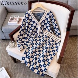 Work Dresses Kimutomo Gentle Color Contrast Jacquard Knit Suit Woman Elegant V-neck Single Breast Cardigan Elastic High Waist Skirt