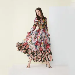 Casual Dresses Luxury Designer HIGH QUALITY Women's Floral Print Silk Long Maxi Dress Gown 2024 Fashion