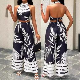 Women's Two Piece Pants Striped Tropical Print Crop Top & Wide Leg Set Sets Women Elegant Sleeveless Backless Tops Long Summer