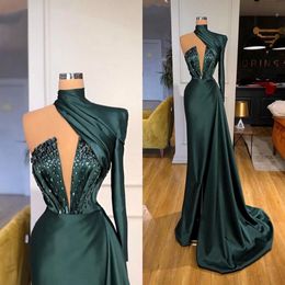 Sexy Dubai Elegant Emerald Green Mermaid Evening Dresses Long Sleeve High Jewel Neck Beads Crystals Women Formal Dress Evening Gowns Cu 295I