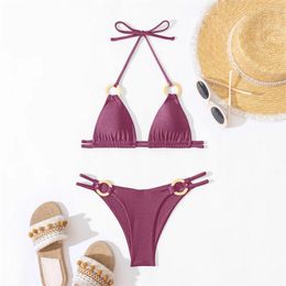 Women's Swimwear Glossy Bikini Thong String Rings Sexy Backless Swimsuit Women Triangle Micro Brazilian Beach Outfit Split Bathing Suits