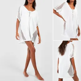 Beach Dress Stylish Lace-up Cover Up For Women V-neck Half Sleeve Swim Sun Protection Bikini Long Cardigan Solid
