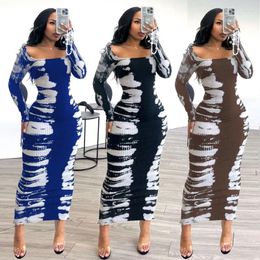 Casual Dresses European And American Sexy Elastic Buttocks Wrapped Dress Back Slit Printed Tight Long K3136