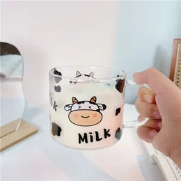 Wine Glasses 1 Pc 400ml 13.5OZ High Borosilicate Beautiful Mugs Glass Cup With Cow Pattern Spoon Cover Lid For Student Dormitory Drink