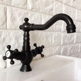 Kitchen Faucets Black Oil Rubbed Brass Dual Cross Handles One Hole Bathroom Basin Sink Faucet Mixer Tap Swivel Spout Deck Mounted Mnf362