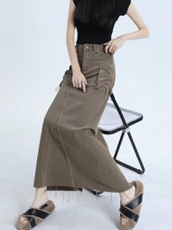 Skirts Women's Black Denim Cargo Skirt Y2k Elegant Streetwear A-Line Long Harajuku Korean Vintage 90s High Waist Clothes