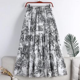 Skirts Flower Skirt Women Spring And Summer High Waisted Ancient Style Ink Painting Printed Cotton Linen Large Swing A-Line