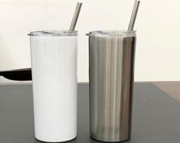 DIY mug 20oz Sublimartion Straight tumblers with Steel Straw Rubber Bottoms Stainless tumbler Coffee Sublimation Blanks Water Bott8384279