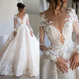 Exquisite Ball Wedding Dresses V-neck 3D Lace Appliques Long Sleeves Court Gown Zipper Bridal Custom Made Robe Despecisl