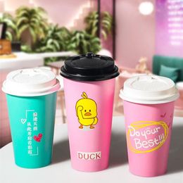 Disposable Cups Straws 50pcs PInk Coffee Cup Cartoon Cute Milk Tea Paper Child Birthday Party Favour Cold Drink Juice Soy Fruit