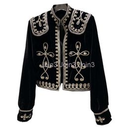 Autumn new womens stand collar royal style embroidery floral velvet fabric fashion jacket coat SMLXLXXL