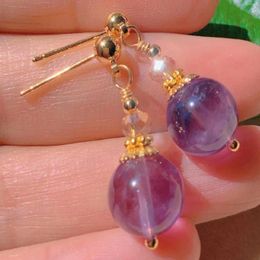 Dangle Earrings Natural Round Purple Chalcedony Beads Eardrop Gold Ear Stud Casual Chandelier Party Clip-on Unisex Handmade Bohemian Men
