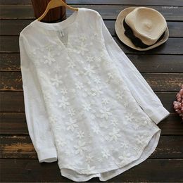 Women's Blouses 2024 Summer Autumn Blouse White Women Lace Long Sleeve Tops V Neck Embroidery Fashion Loose Elegant Shirt
