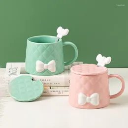 Mugs Creative Bow Mug With Spoon Lid Colored Glaze Ceramic Cup Coffee Cups Original And Funny To Give Away