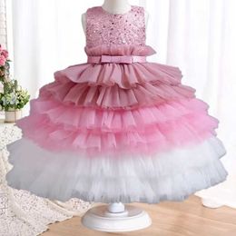 Girl's Dresses New Girls Dress Birthday Party Cake Princess Dress Elegant Girls Graduation Show Performance Sparkling Fluffy Evening Dress Y240514