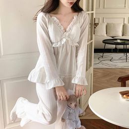 Home Clothing White Lace Cotton Lolita Princess Pyjamas Set Women Sleepwear Suit Ruffles Flower Embroidery Loose Shirt Pants Pijamas 2Pcs