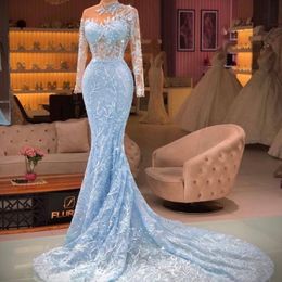 2022 Light Blue Mermaid Evening Dress Long Sleeves Lace Prom Dresses Women Formal Wear Sequined vestido de novia 236M