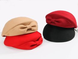 Ladies Red Wedding Hat For Women Vintage 100 Wool Felt Pillbox Hats Black Fascinator Winter Fedoras Bow Beret Church Hats Y2001023222253