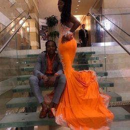 Orange Halter Neck Exposed Boning Evening Dress Mermaid Applique Lace Women's Prom Dresses Sexy Formal Gowns 283K