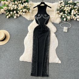 Casual Dresses Women's Heavy Design Diamond Slim Fit Sleeveless Tank Top Dress Summer Black Streetwear Long Bodycon