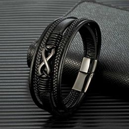 Charm Bracelets MKENDN Classic Men Infinity Bracelet Woven Multilayer Braided Leather Bracelets For Women Black Stainless Steel Jewelry Gifts Y240510