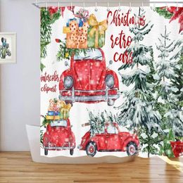 Shower Curtains Retro Red Car With Xmas Gift Boxes Christmas Tree Family Style Illustration Snowy Winter Art Bathroom