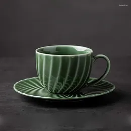 Mugs Japanese Emerald Coffee Cup And Saucer 250ml Ceramic Mug Stripe Upscale Tea Set Thread Water Cups Christmas Gifts