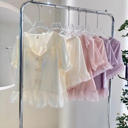 Home Clothing Summer Ruffles Short Sleeve Shirt Shorts Casual Women Pajamas Set Satin Pyjamas Lingerie Lapel Sleepwear Homewear