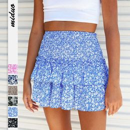 Women's half length pleated ruffle edge printed skirt, fashionable floral Bohemian short skirt F51438