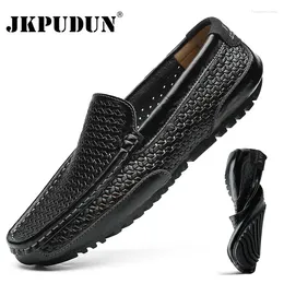 Casual Shoes Summer Men Genuine Leather Mens Loafers Moccasins Italian Breathable Slip On Boat Black JKPUDUN