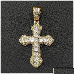 Pendant Necklaces Pendant Necklaces Shining Diamond Stone Cross Pendants Necklace Jewelry 18K Real Gold Plated Men Women Gift Relius D Dhgqh